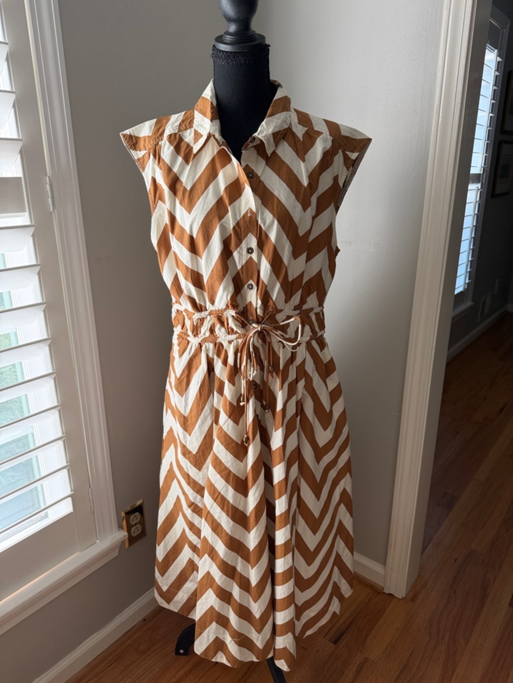 Maeve Brown and White Chevron Midi Shirt Dress